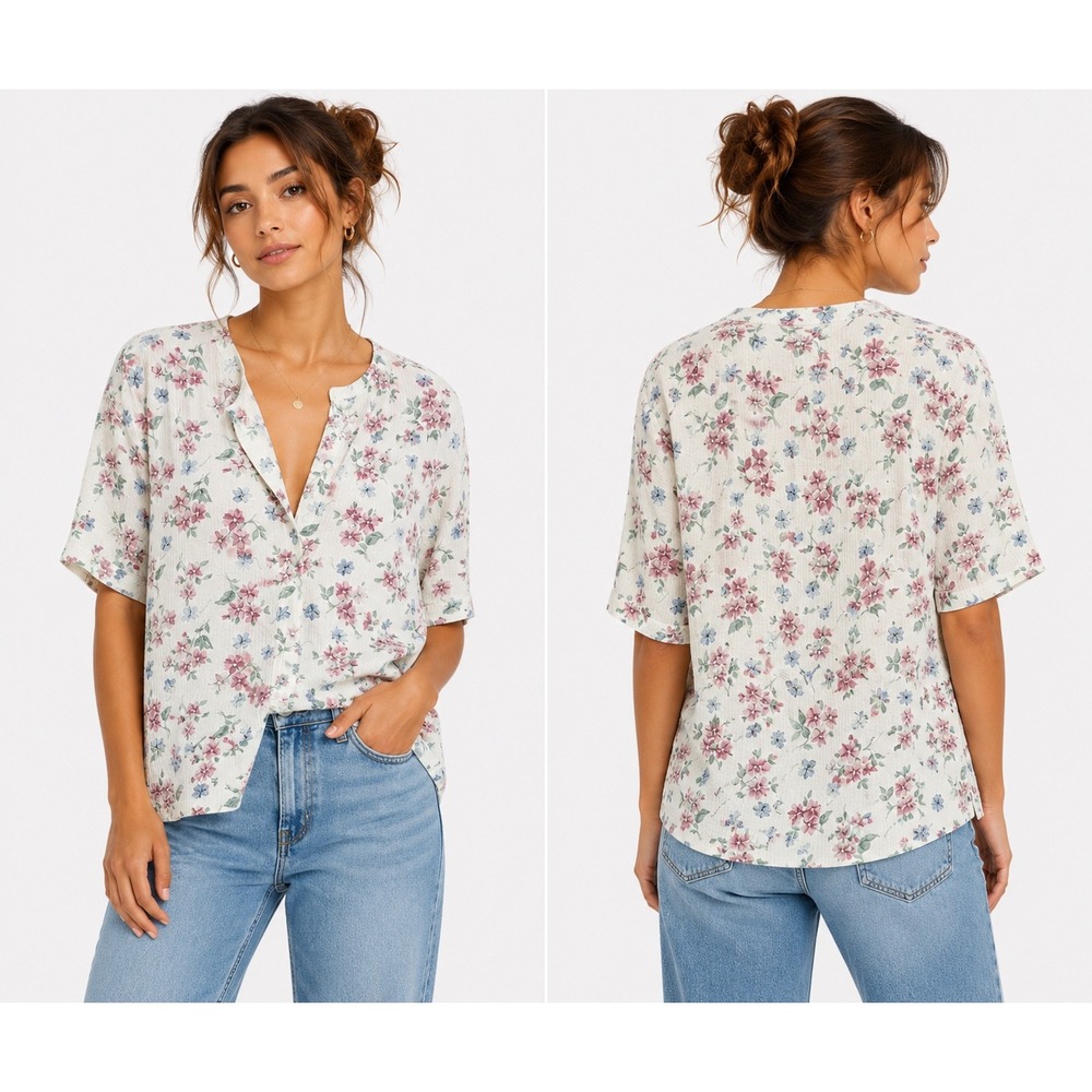 Unbranded Floral Button Front Top Womens L White Pink Blue Pointelle Cottagecore